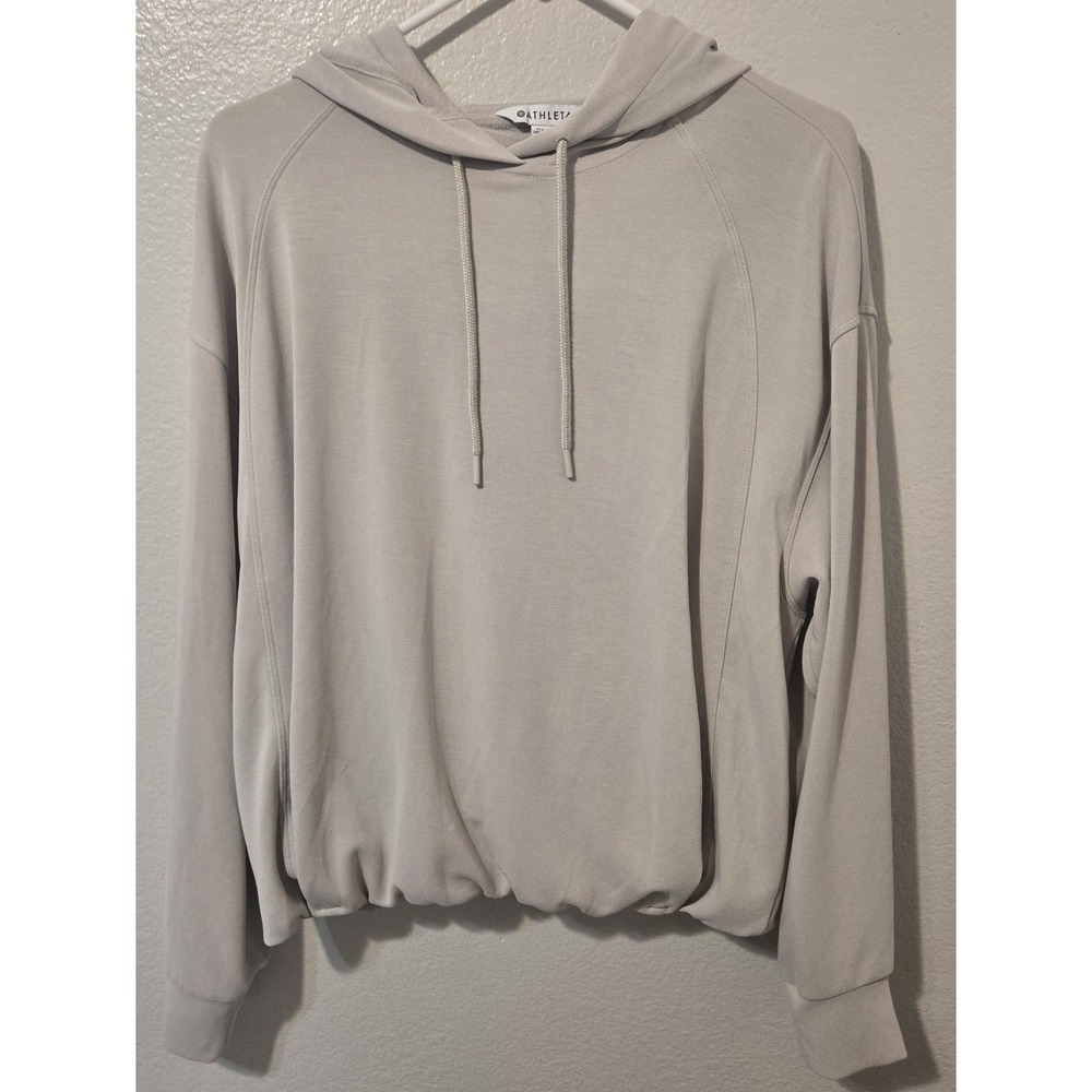 Athleta Women's Seasoft Bubble Hem Hoodie Cinched Hem Pockets Abalone Beige Sz M